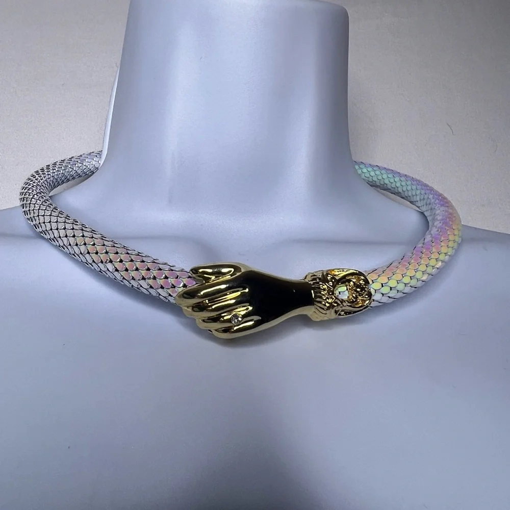 Vintage DL Auld Iridescent White Dragonscale Choker Mesh Snake Collar Necklace - Picture 2 of 11